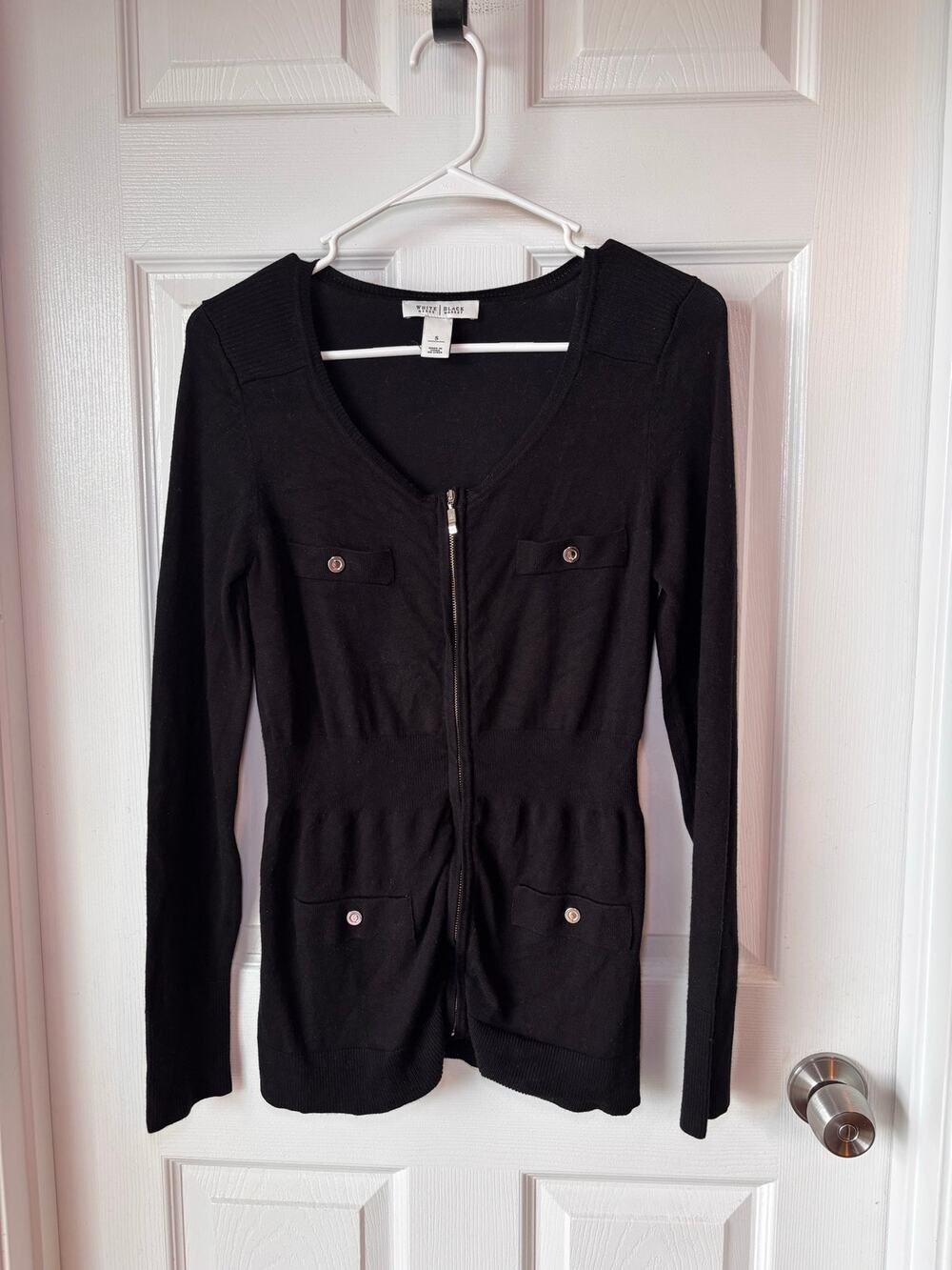 White House Black Market Small Black Military Zip Cardigan Sweater Jacket